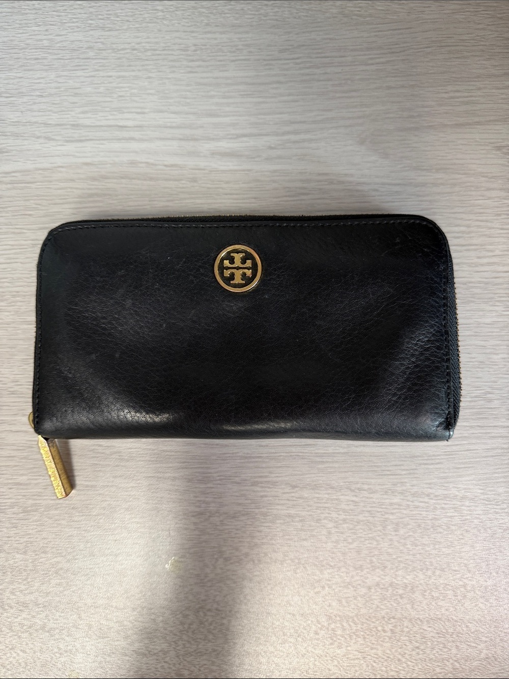 Tory Burch Black Leather Zip Wallet with Gold Logo Accent